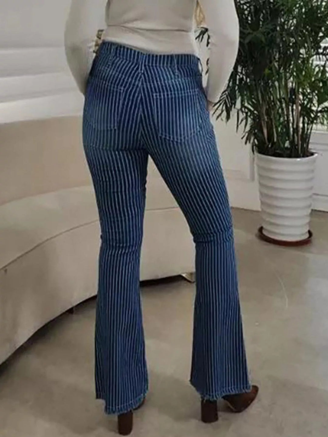 Pinstripe mid-rise button-fly flare jeans