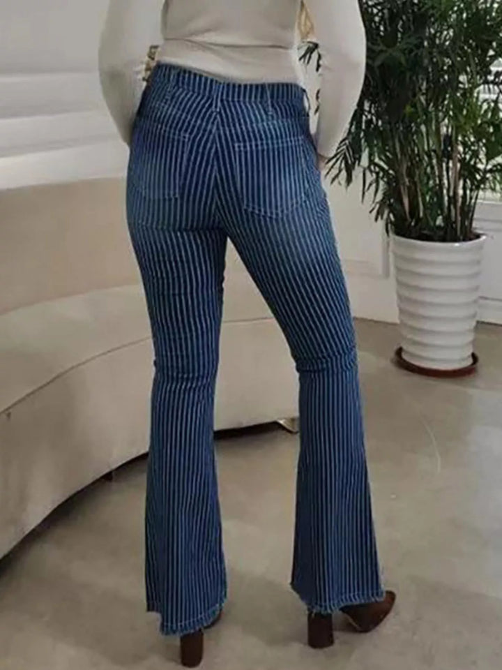 Pinstripe mid-rise button-fly flare jeans