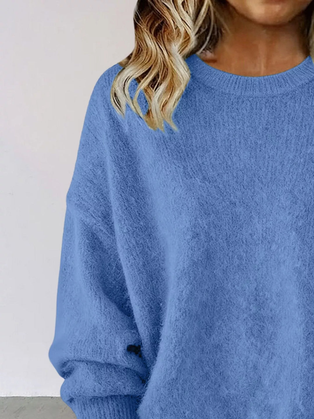 Dropped-shoulder crew neck knit sweater with ribbed trim