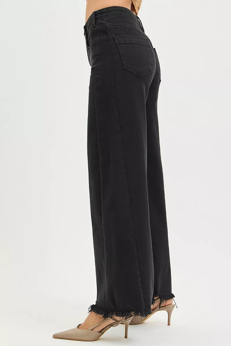 Tummy control high-rise palazzo wide-leg jeans with raw hem
