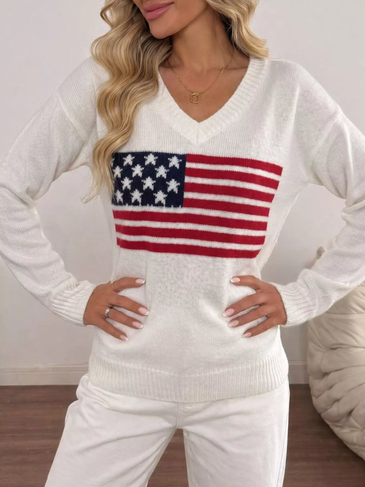 American flag knit V-neck sweater with ribbed trim