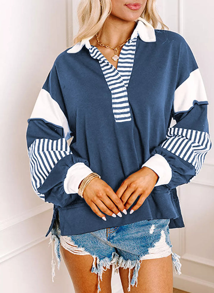 Color block striped Johnny collar sweatshirt with exposed seams