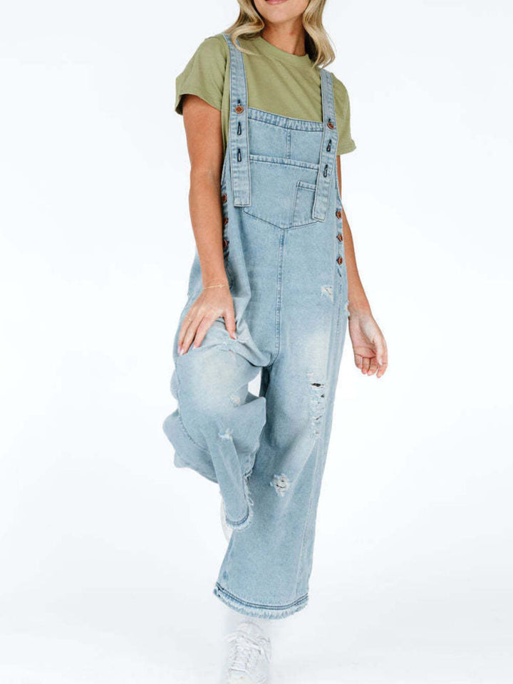 Distressed wide leg denim overalls with adjustable straps