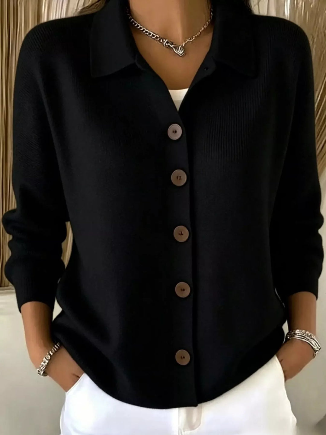 Black Collared button-front knit cardigan with contrast buttons