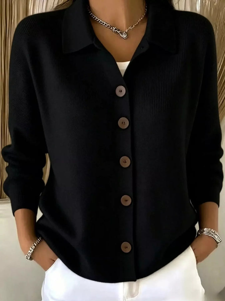 Black Collared button-front knit cardigan with contrast buttons