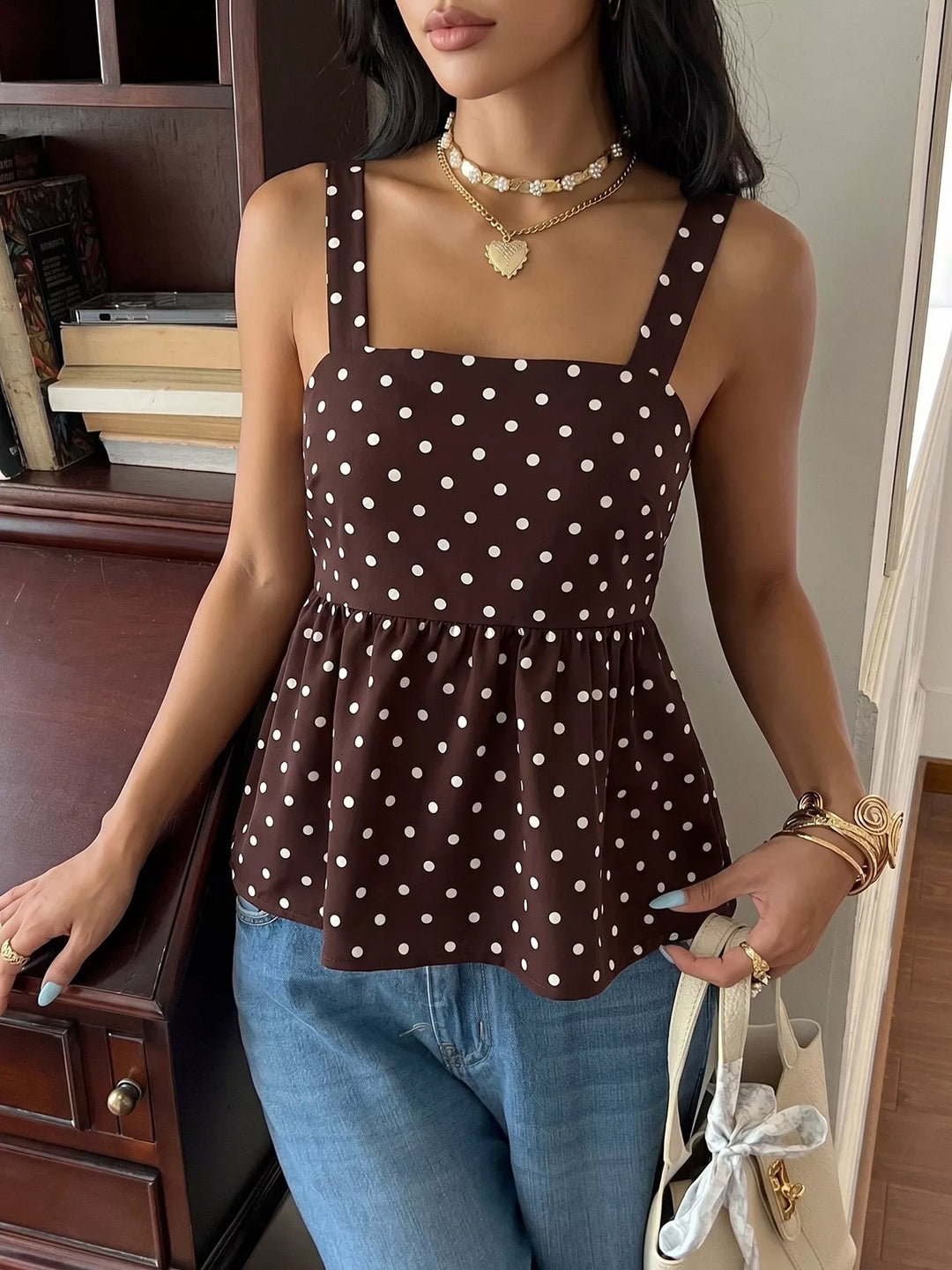 Coffee Brown Polka dot square neck peplum cami with tie back