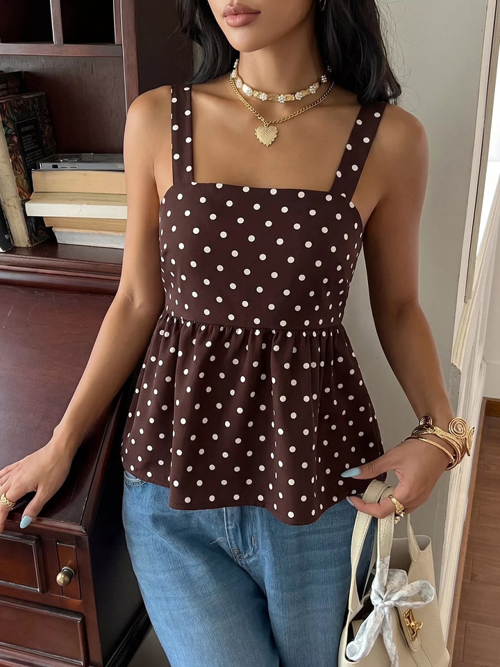 Coffee Brown Polka dot square neck peplum cami with tie back
