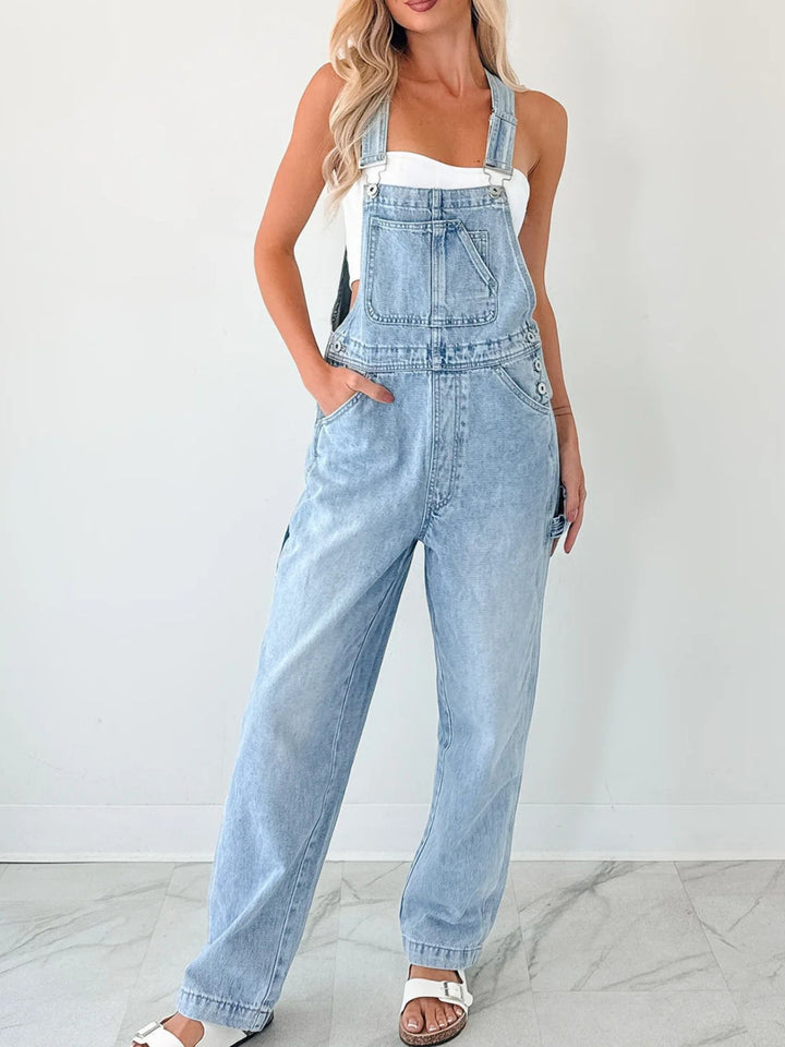 Wide-strap relaxed fit denim overalls with utility pockets