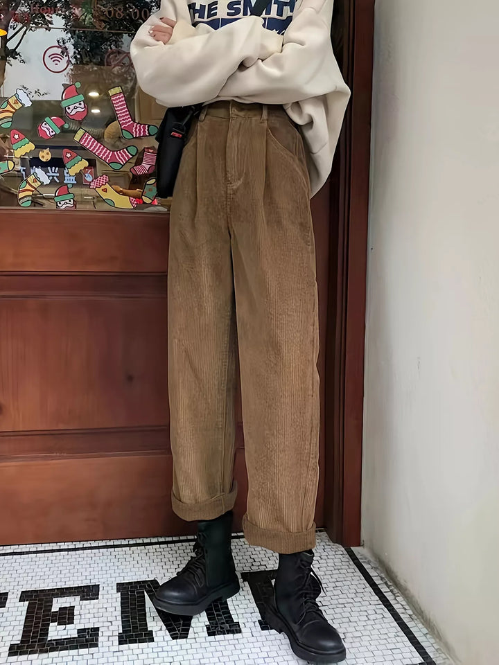 Brown Vintage corduroy wide-leg pants with cuffed hem