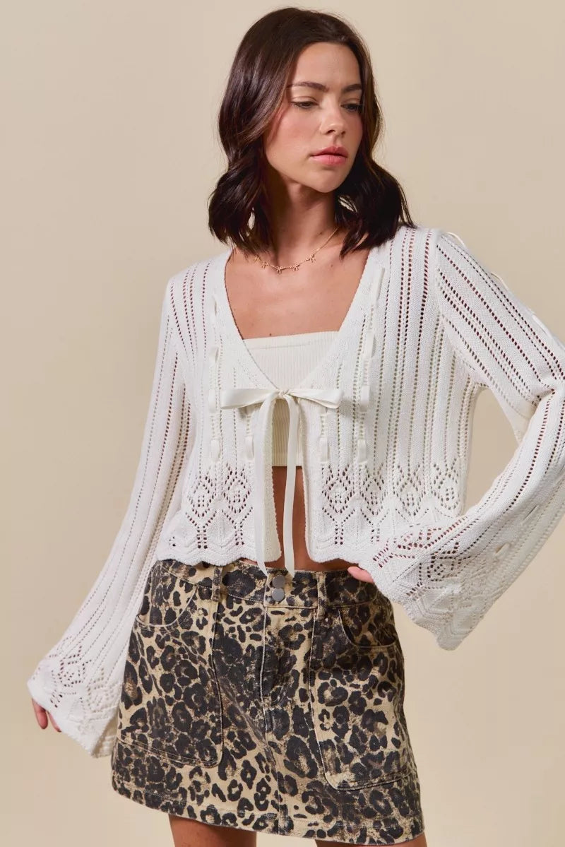Off White Cropped open-knit cardigan with bell sleeves and bow tie