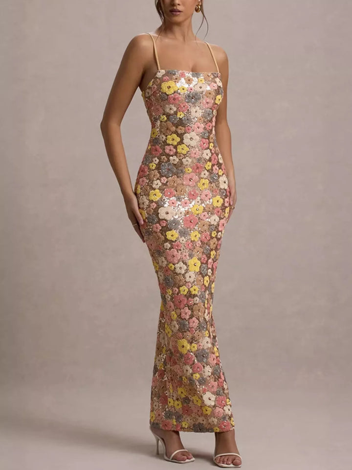 Multicolor Floral sequin bodycon maxi dress with side slit