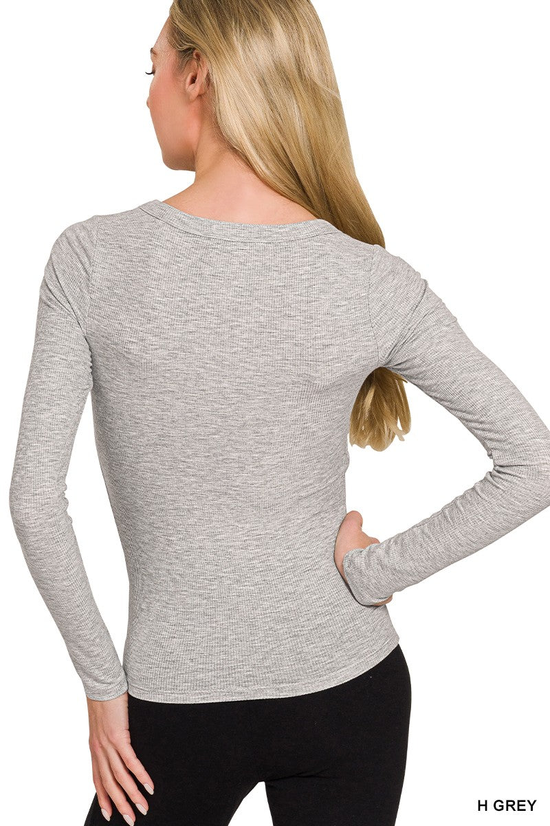 Fitted ribbed knit scoop neck long sleeve top