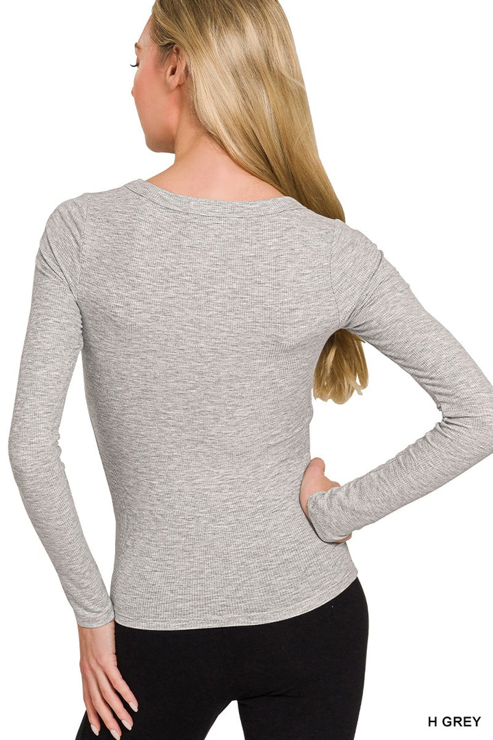 Fitted ribbed knit scoop neck long sleeve top