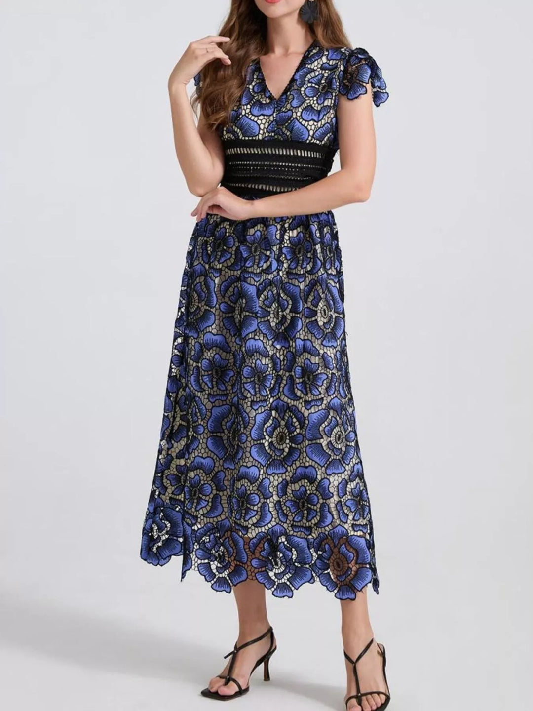 Blue Embroidered floral lace V-neck midi dress with flutter sleeves