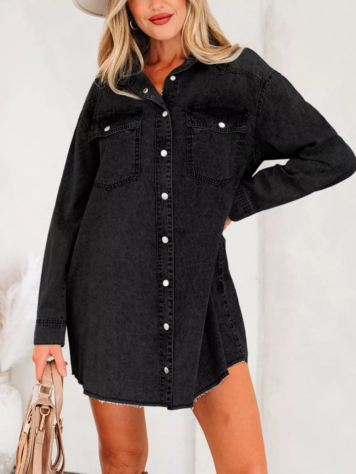 Loose-fit denim shirt dress with raw hem and chest pockets
