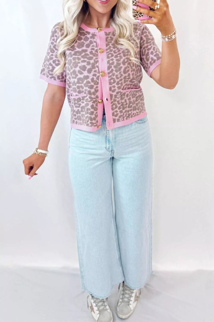 Leopard print short sleeve button-down knit cardigan