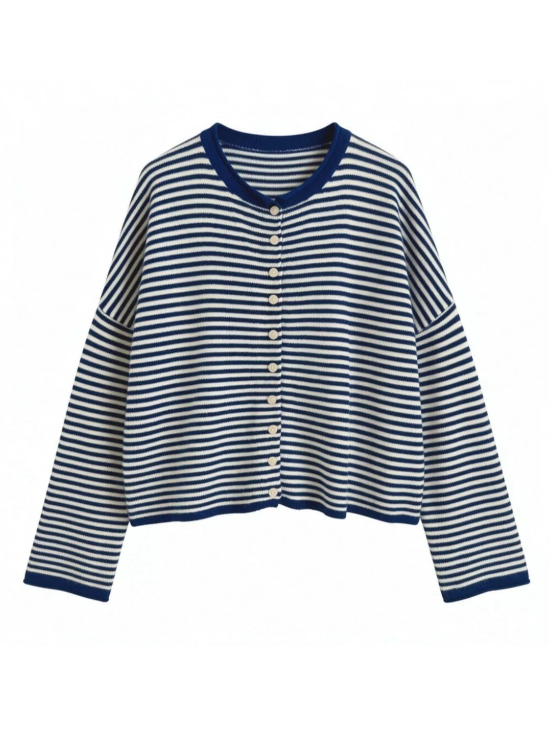 Striped button-front knit cardigan with drop shoulders