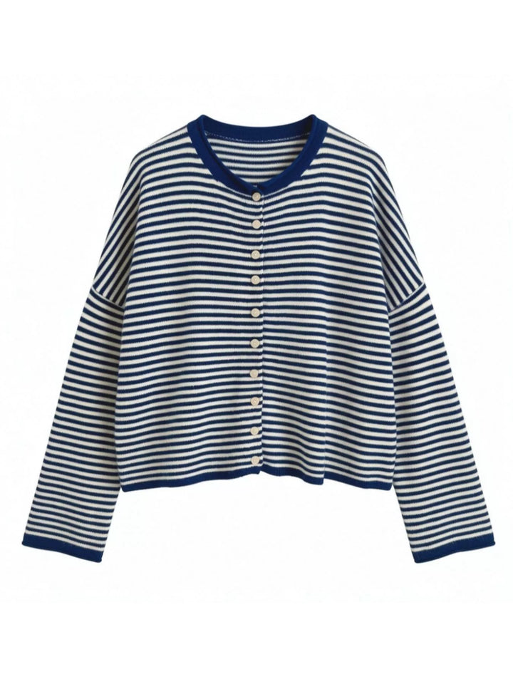 Striped button-front knit cardigan with drop shoulders