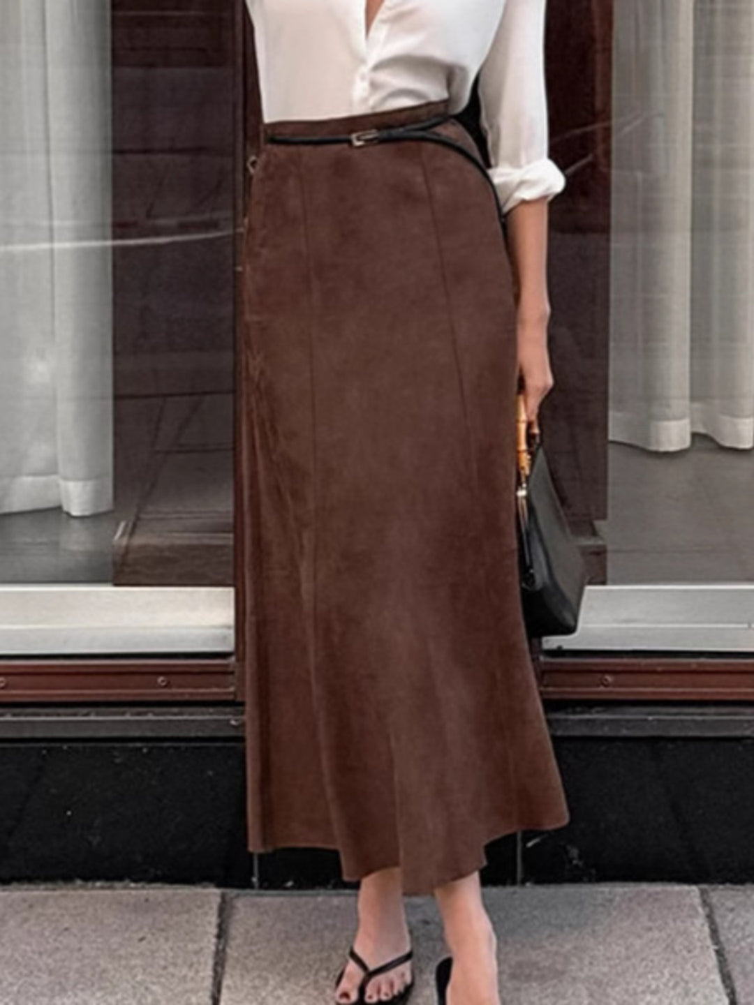 Dark Brown Faux suede high-waist straight midi skirt
