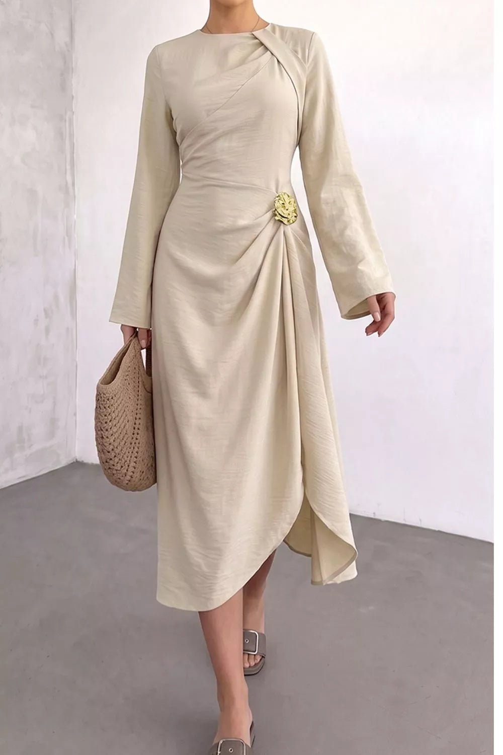 Ruched waist midi dress with rosette and long sleeves