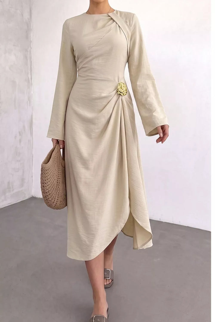 Ruched waist midi dress with rosette and long sleeves