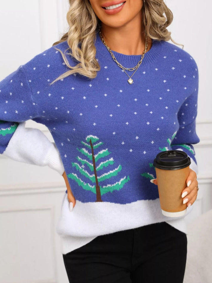 Christmas tree pattern color-block knit sweater