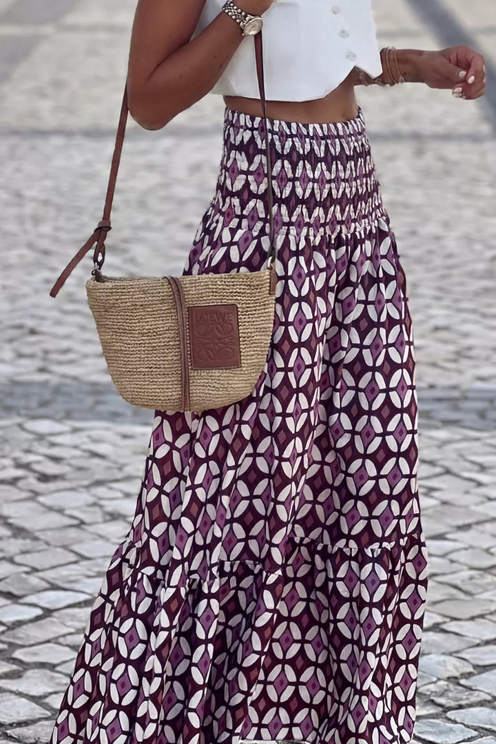 Geometric print tiered smocked waist maxi skirt