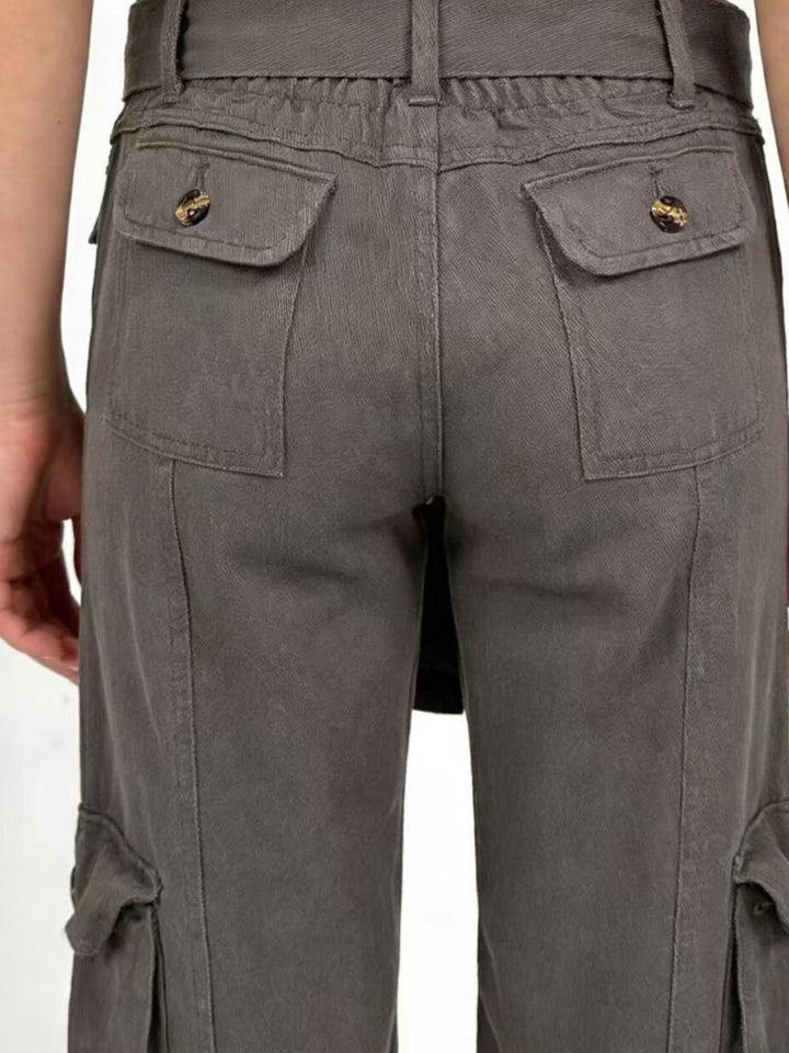 Wide-leg cargo jeans with tie belt and button-flap pockets