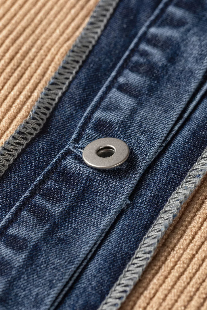 Ribbed knit cardigan with denim collar and button placket