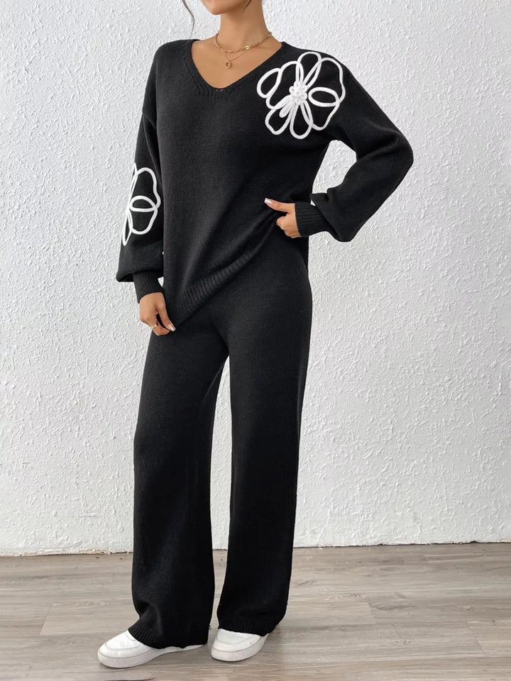 Floral embroidered V-neck sweater set with wide-leg pants