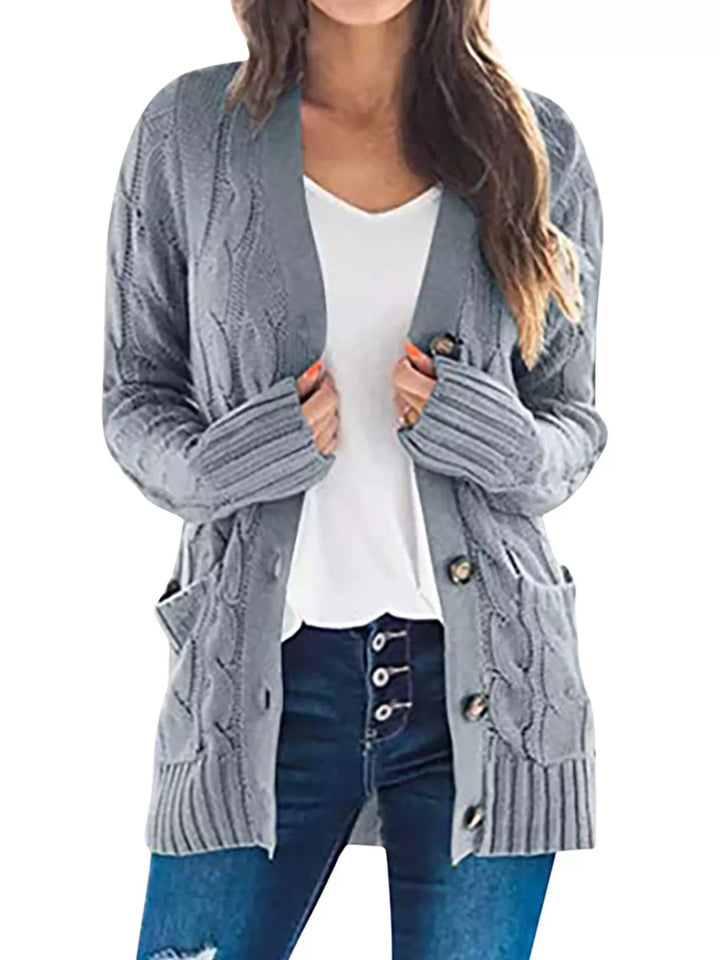 Silver Gray Chunky cable knit button-down cardigan with pockets