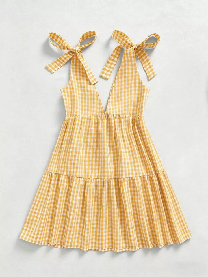 Gingham tie-shoulder babydoll mini dress
