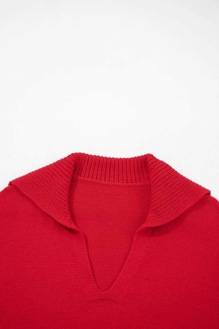 Collared V-neck pullover sweater with ribbed hem