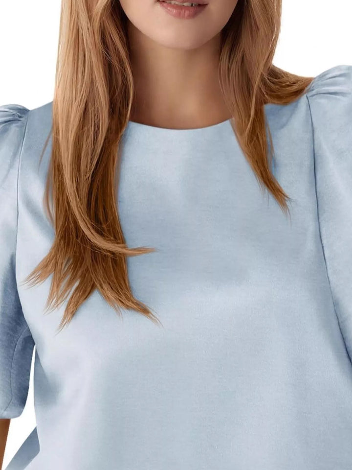 Short puff sleeve satin top with round neck