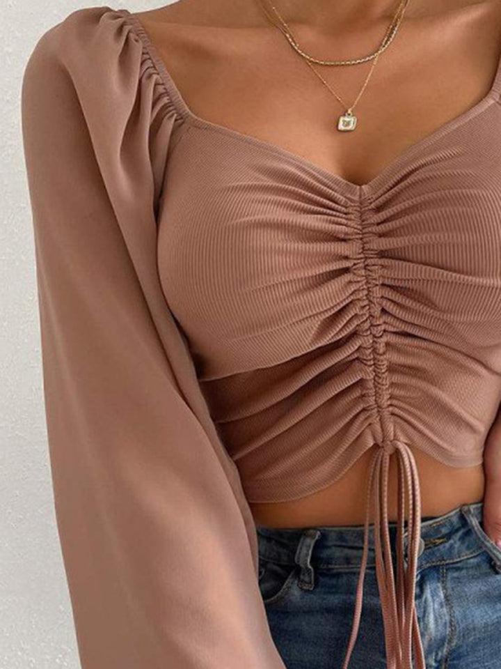 Drawstring sweetheart neck crop top with sheer sleeves