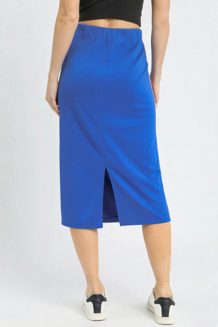High-waist midi pencil skirt with contrast piping and side pockets