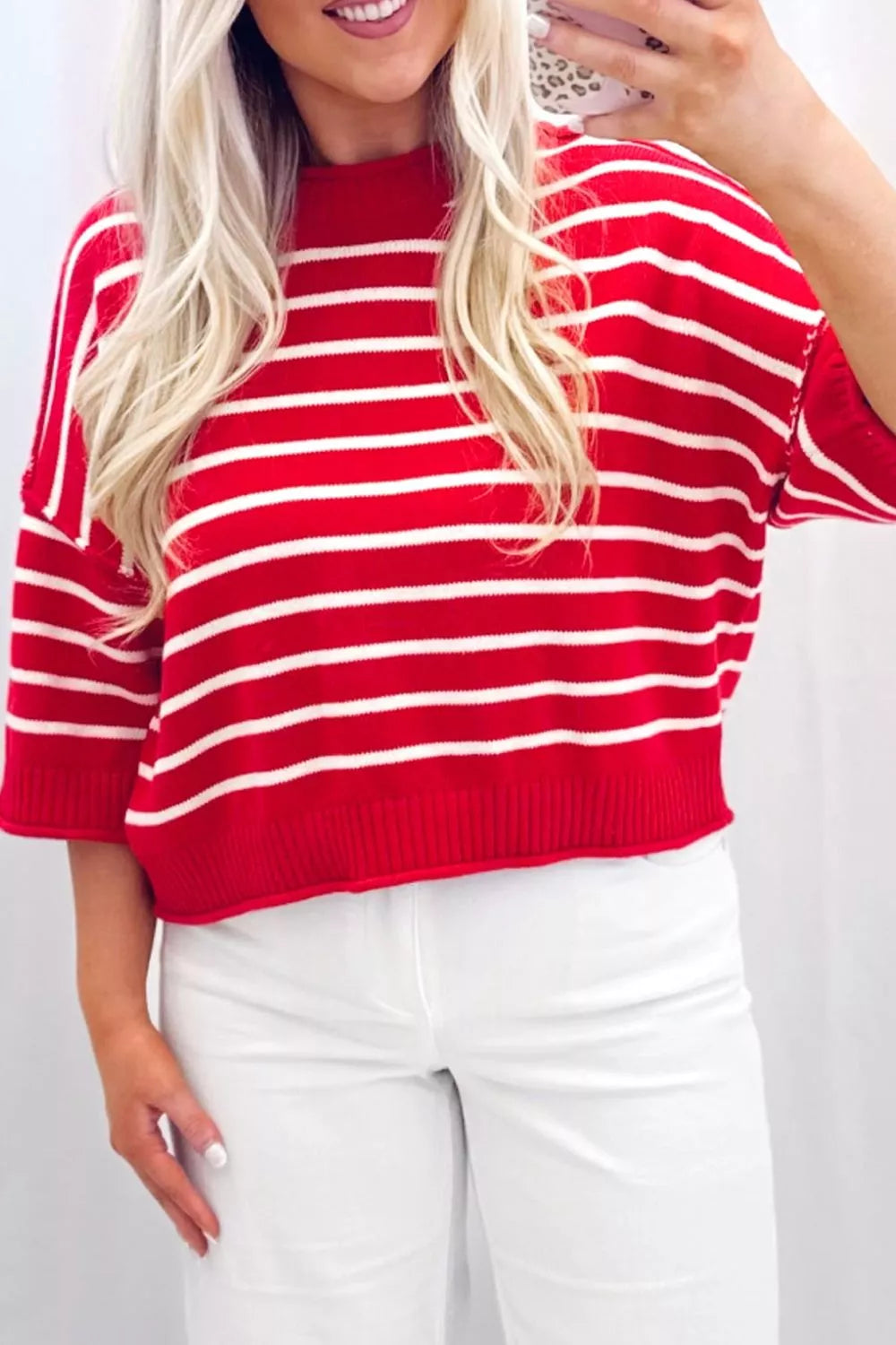 Striped drop-shoulder half sleeve knit sweater