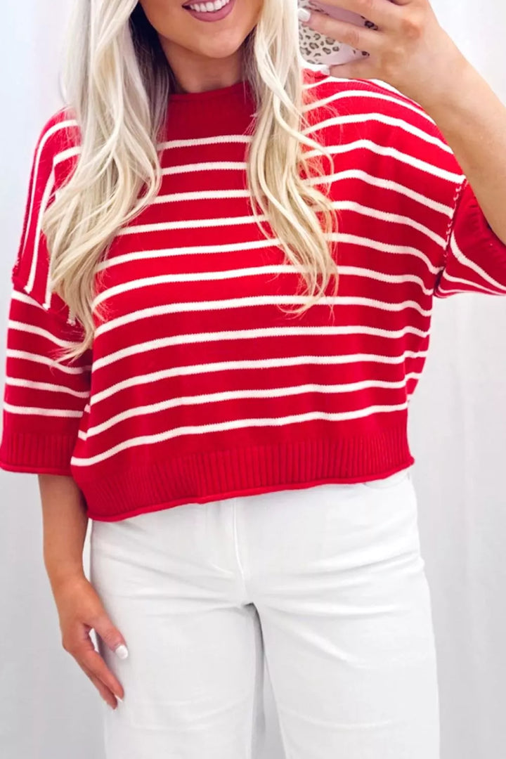 Striped drop-shoulder half sleeve knit sweater