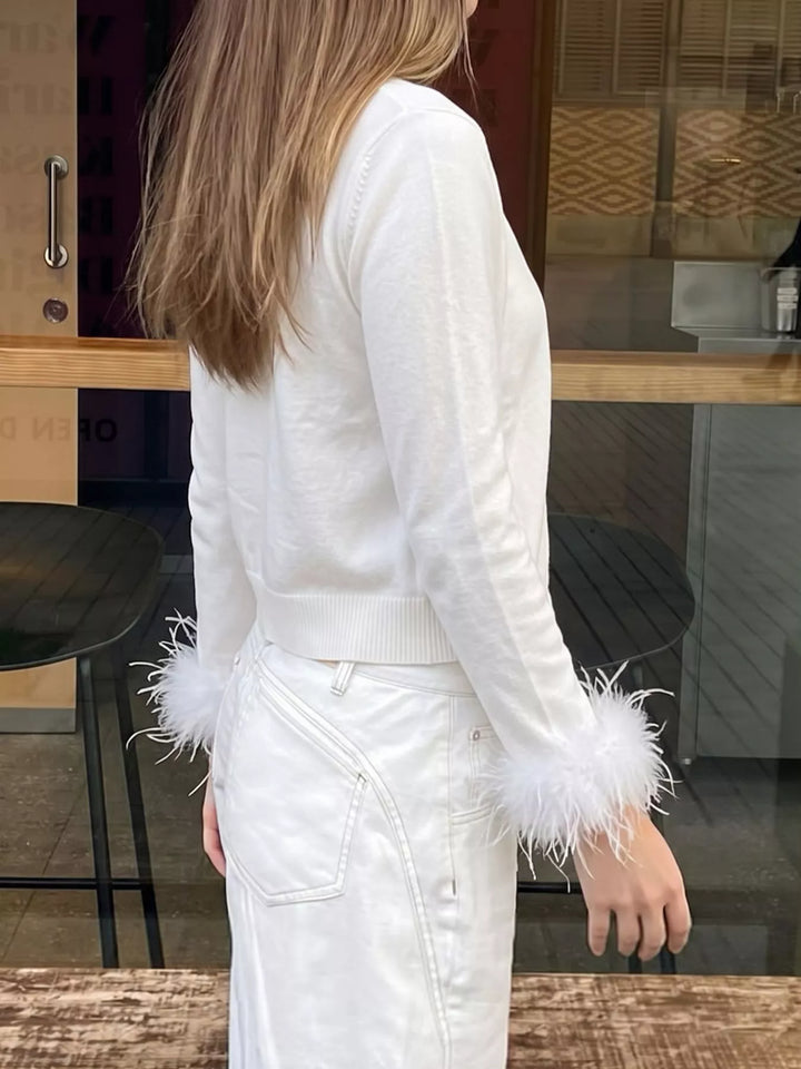 Feather trim cuff button-up knit cardigan