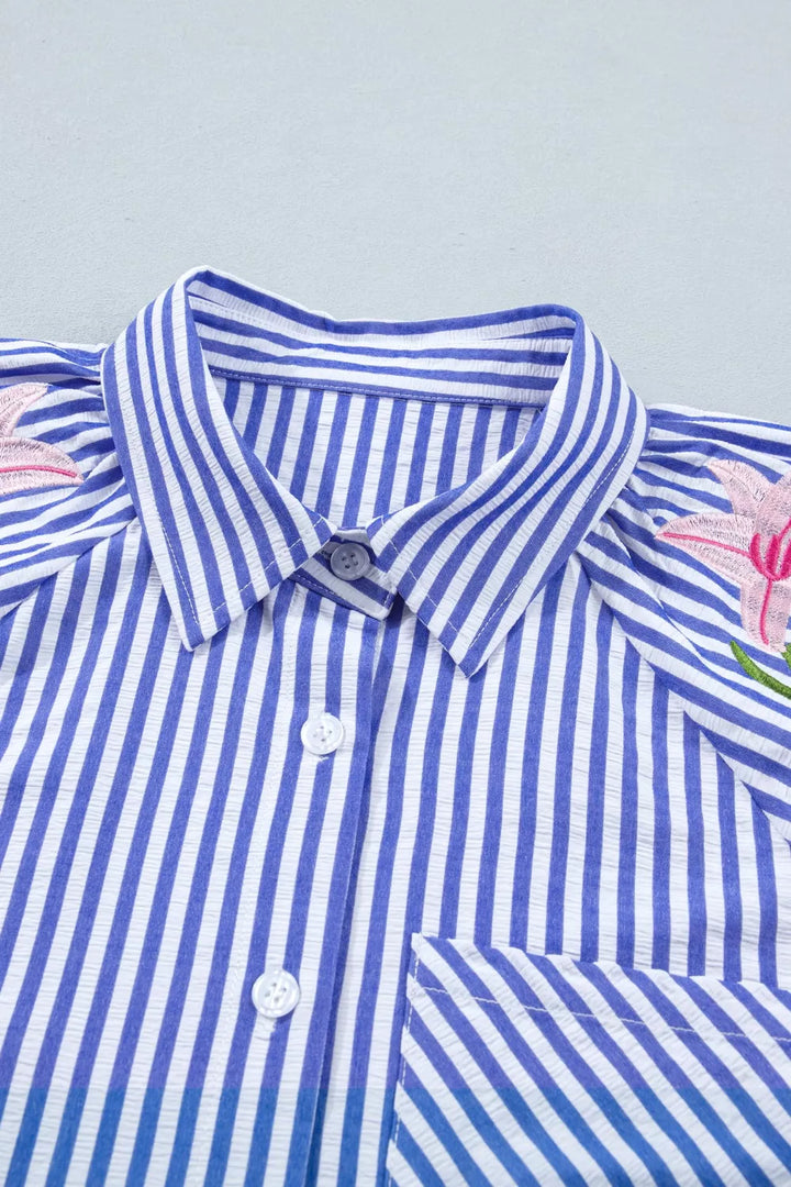 Striped floral-embroidered puff sleeve button-down shirt