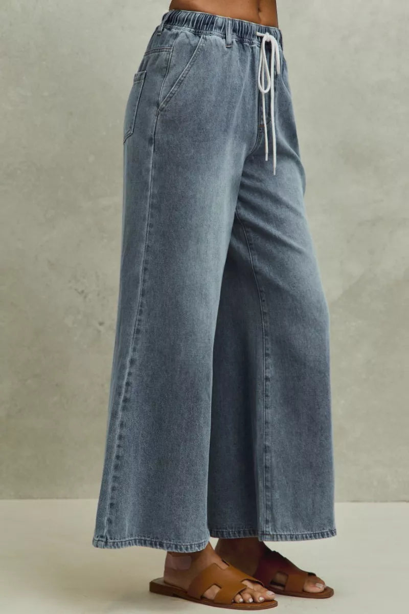 Pull-on mid-rise flare denim jeans with drawstring waist