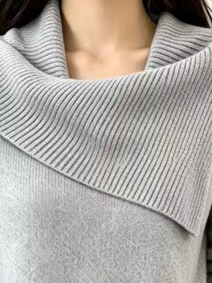 Asymmetric foldover ribbed collar knit pullover sweater