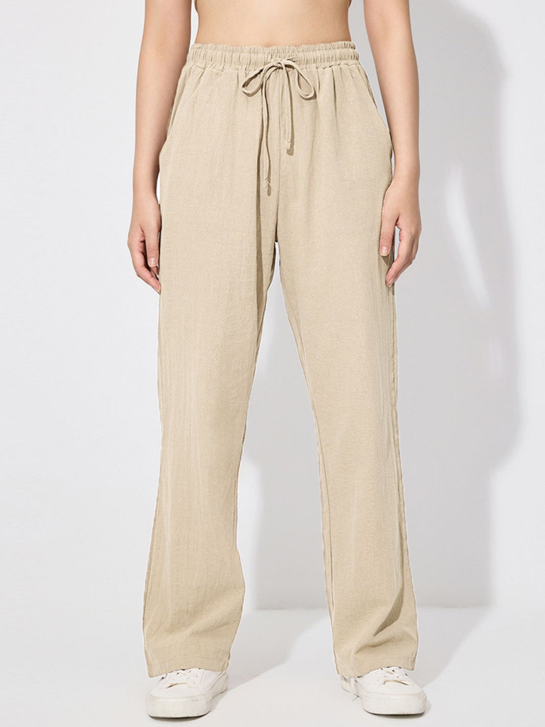 Drawstring wide-leg pull-on pants with side pockets