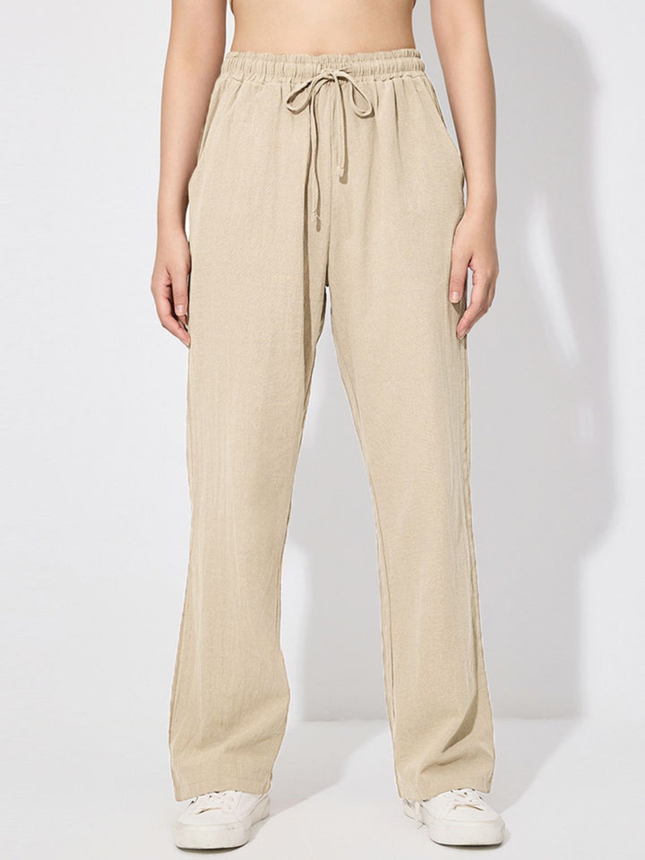 Drawstring wide-leg pull-on pants with side pockets