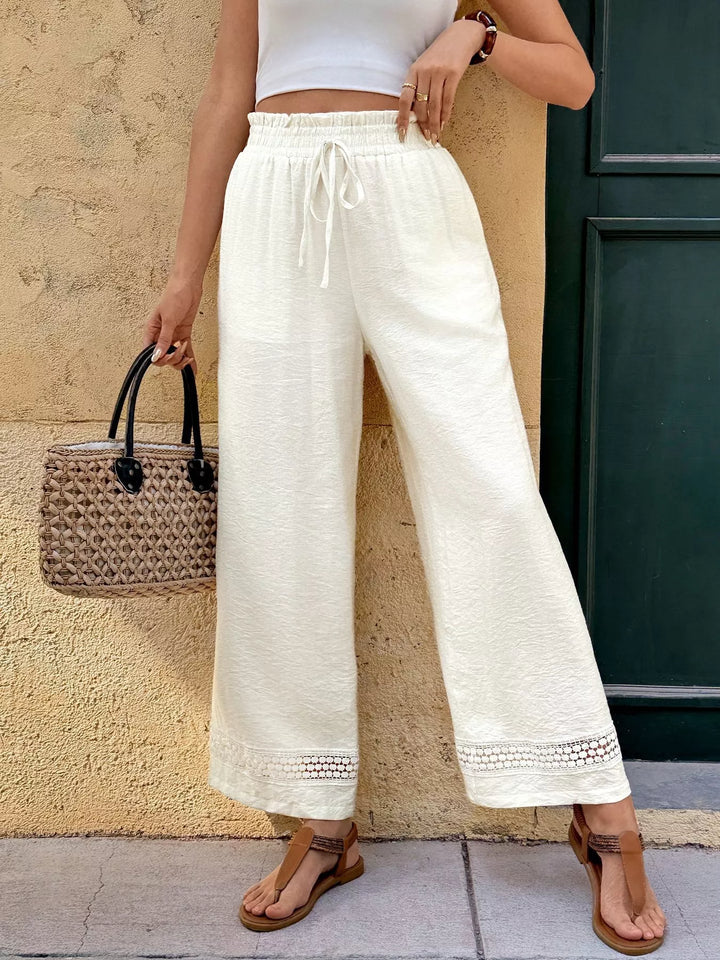 Ivory Wide leg drawstring pants with lace trim and pockets