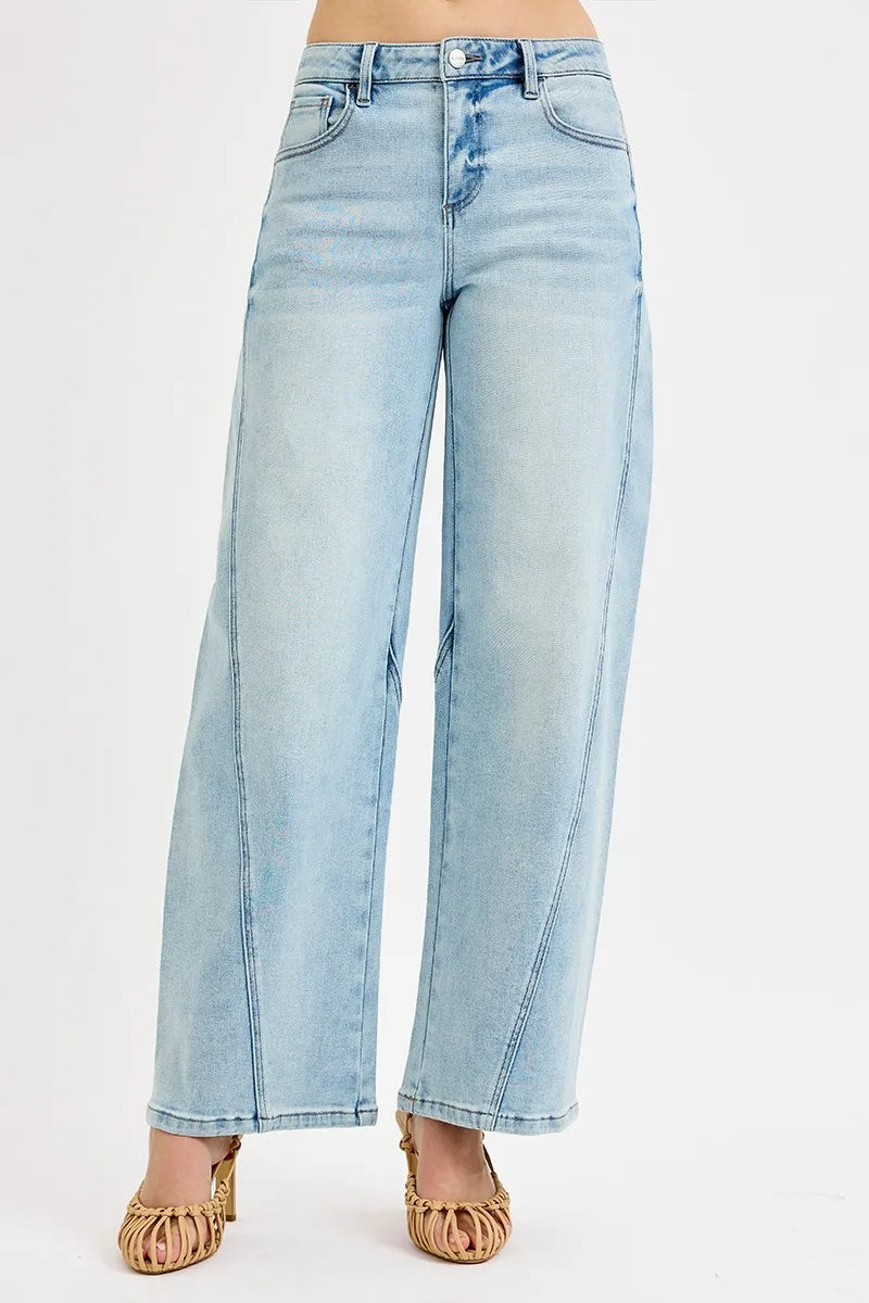 LIGHT Mid-rise barrel-leg jeans with whiskered wash