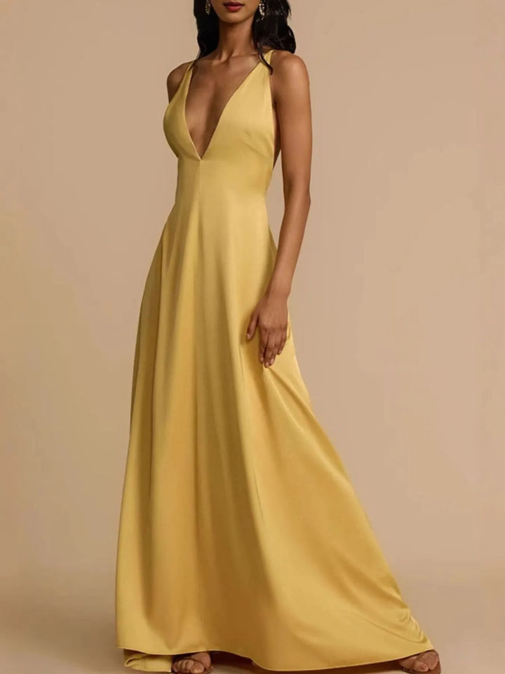 Gold Backless deep V-neck satin maxi dress with crisscross back