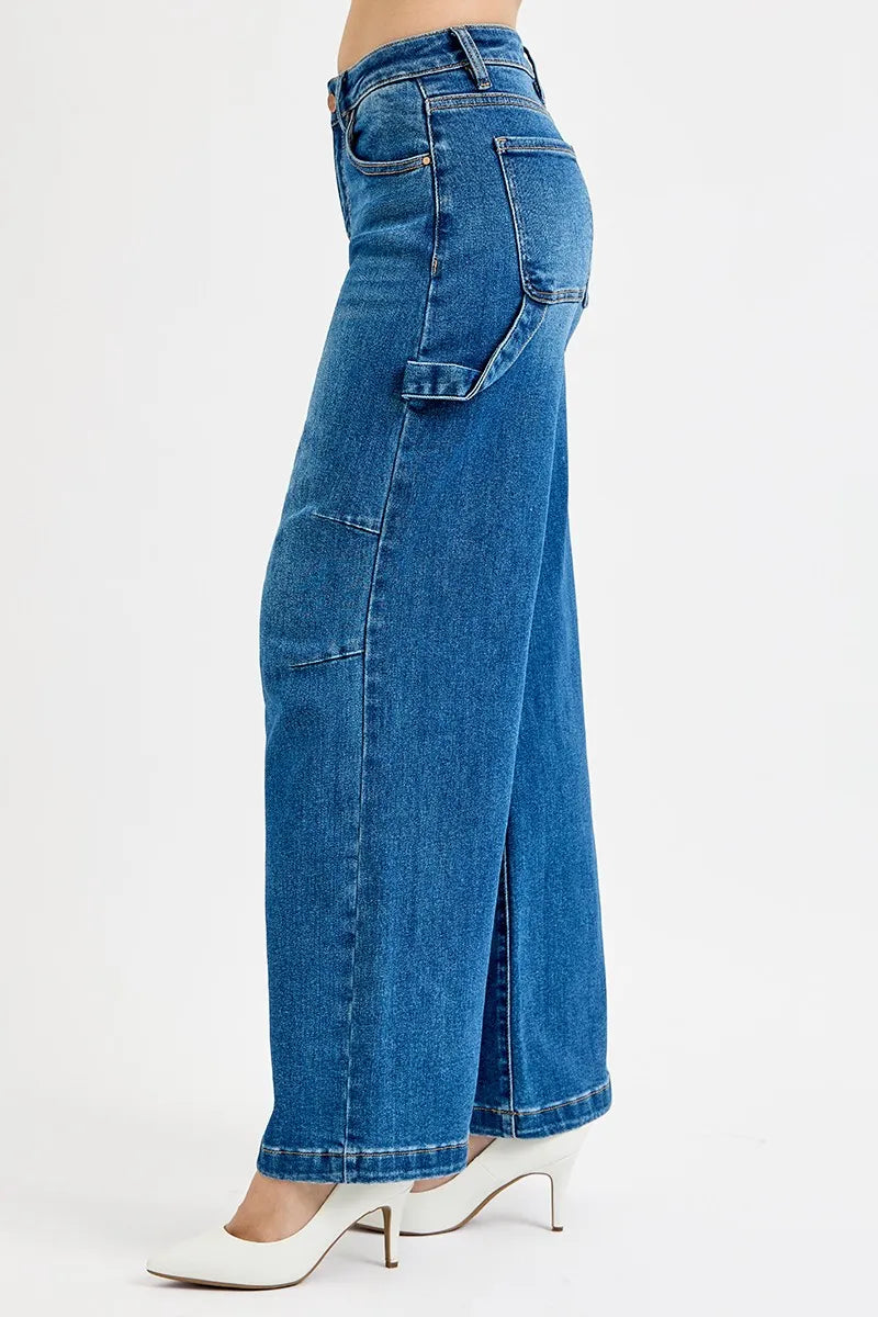 High-rise wide leg carpenter jeans with patch detail