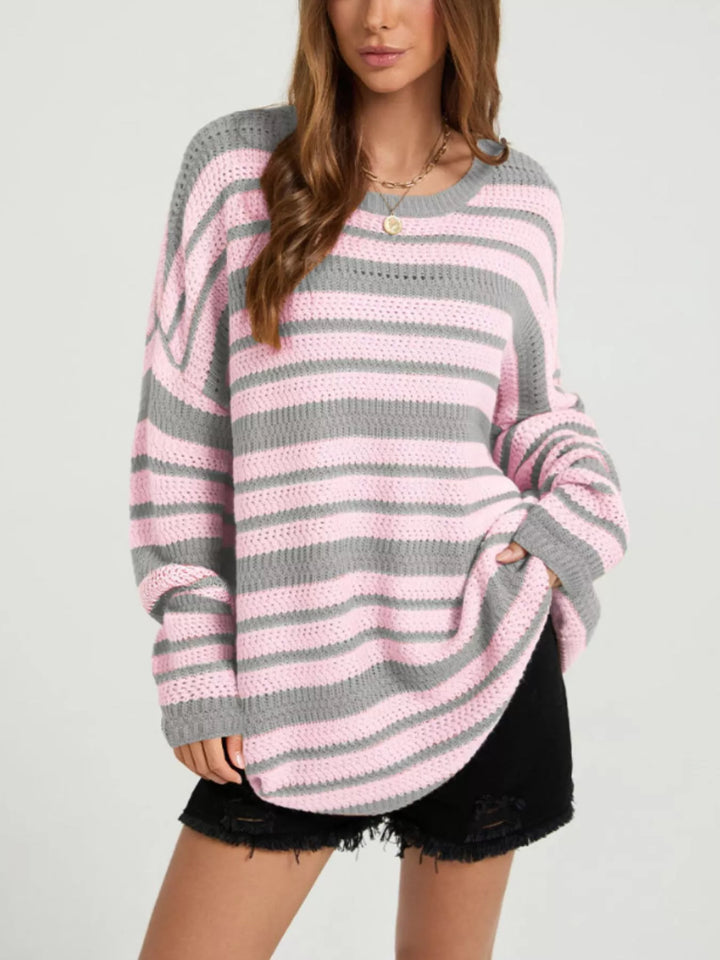 Striped open-knit drop shoulder oversized sweater