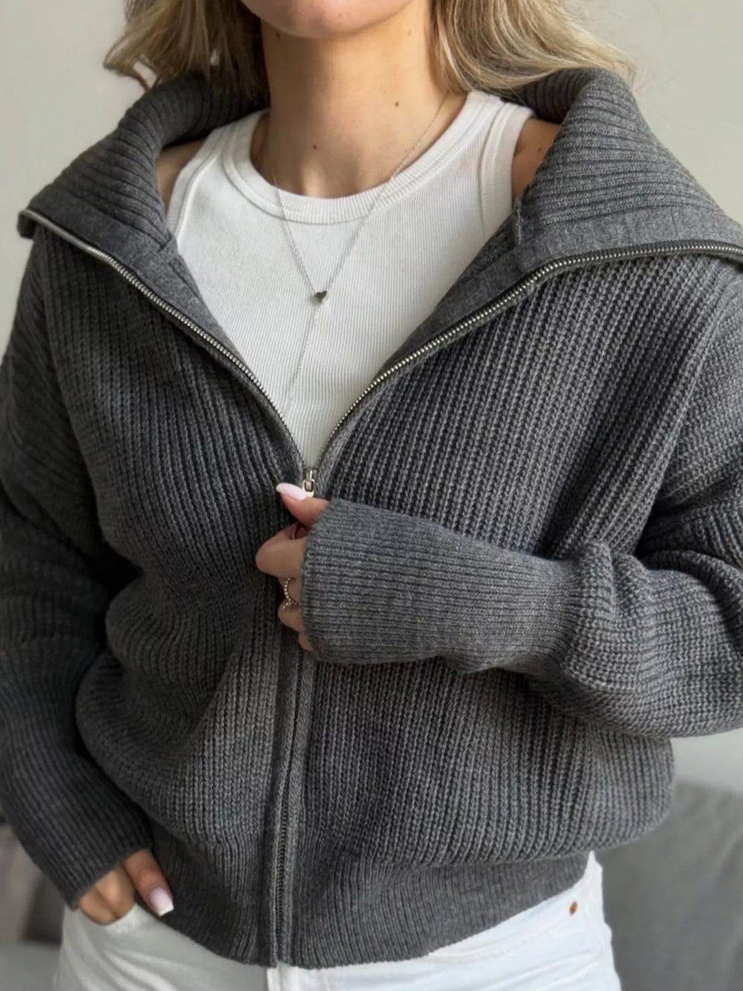 Chunky two-way zip sweater jacket with foldover collar